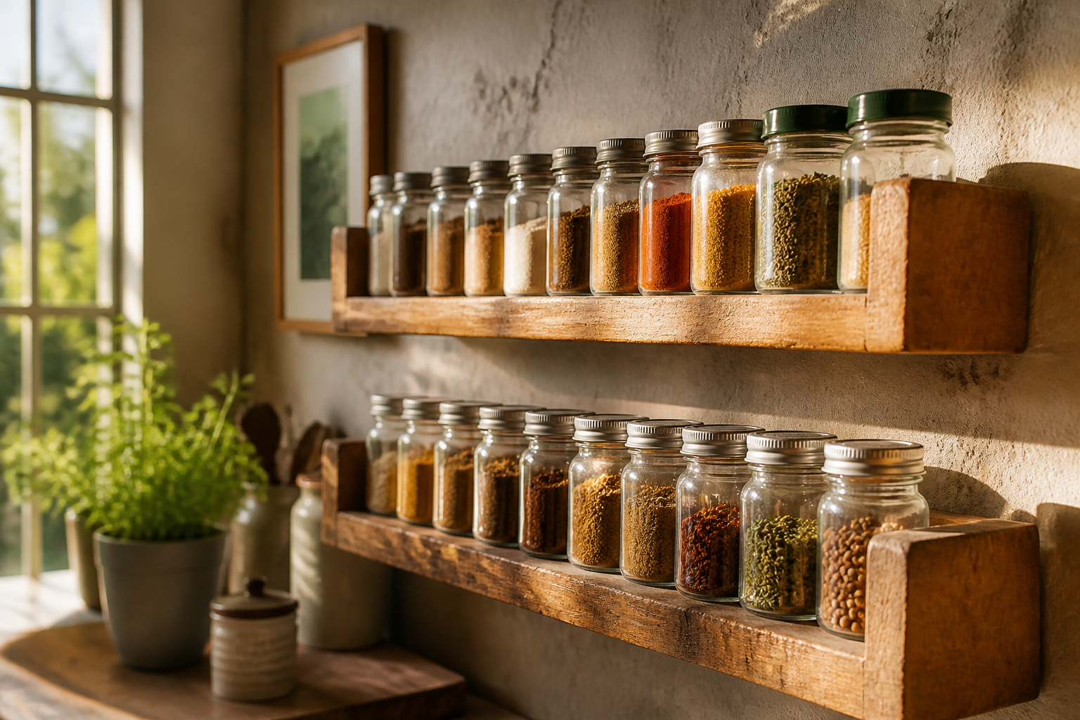 An overview of an organized kitchen with various spice storage options.