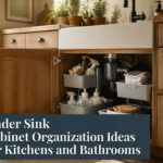 Organized under-sink cabinet with pull-out drawers and cleaning supplies.