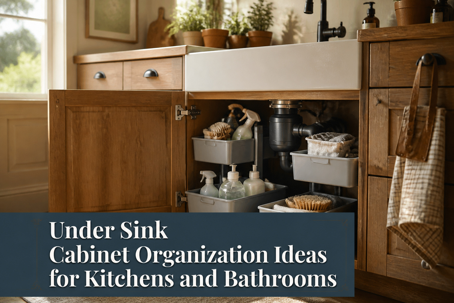 Organized under-sink cabinet with pull-out drawers and cleaning supplies.