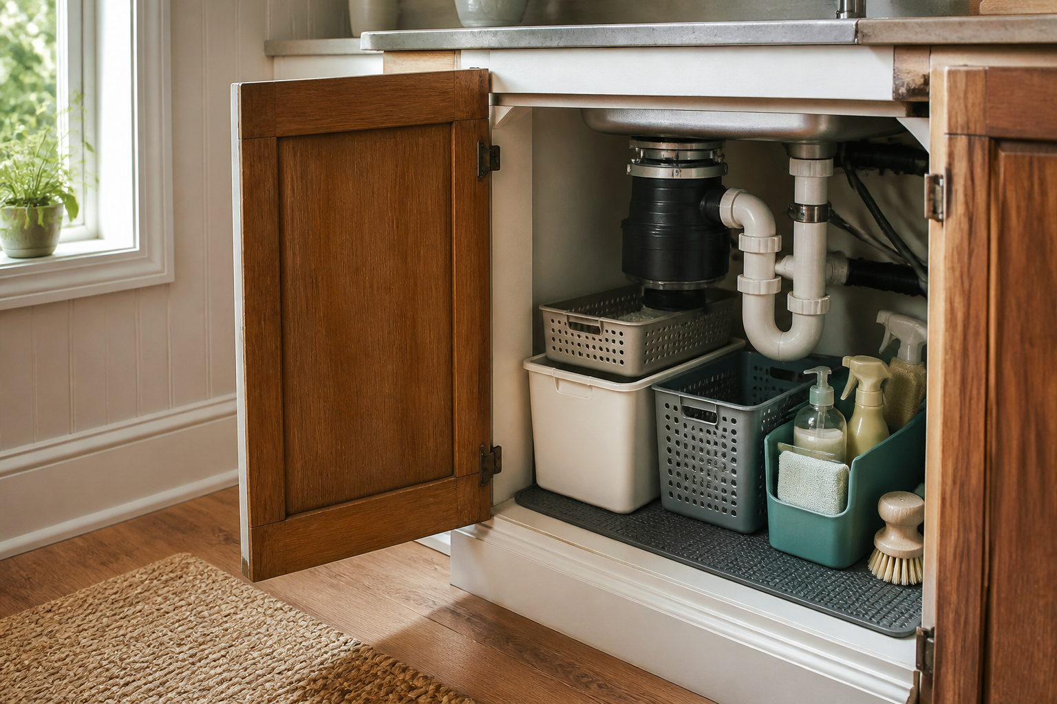 An under-sink cabinet showing cleaning supplies and a waterproof silicone liner.