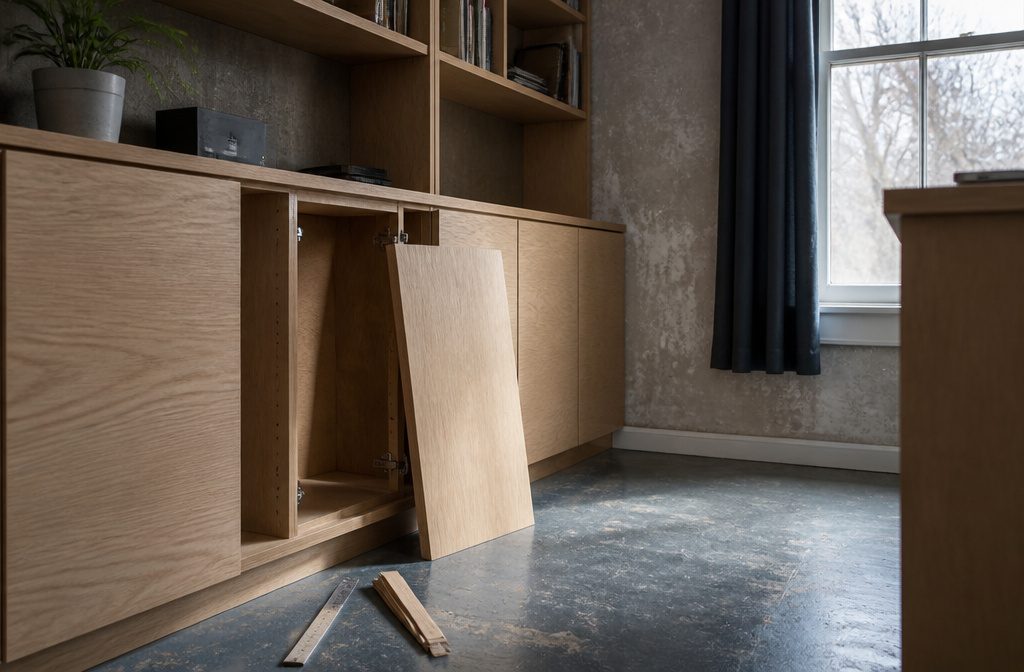 Office cabinets with a built-in desk and shelves in a home workspace