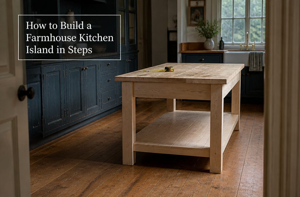 Farmhouse kitchen island with a wood top and painted base