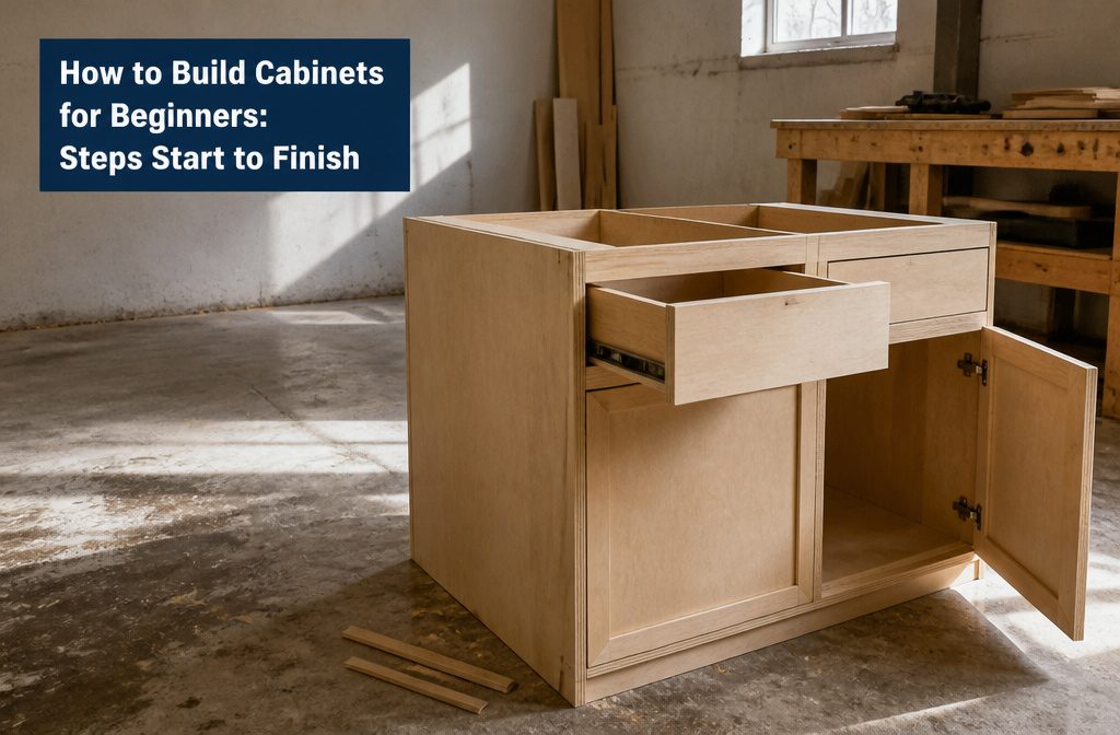 Cabinet carcass with plywood panels and woodworking tools arranged on a workshop bench