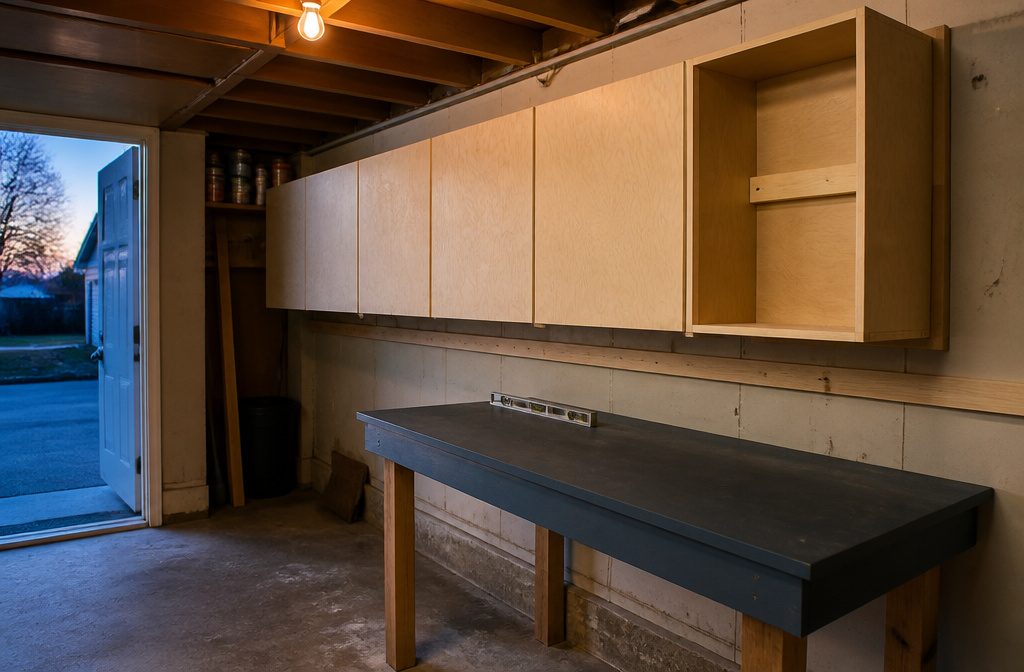 Garage wall with plywood cabinets above a workbench and pegboard