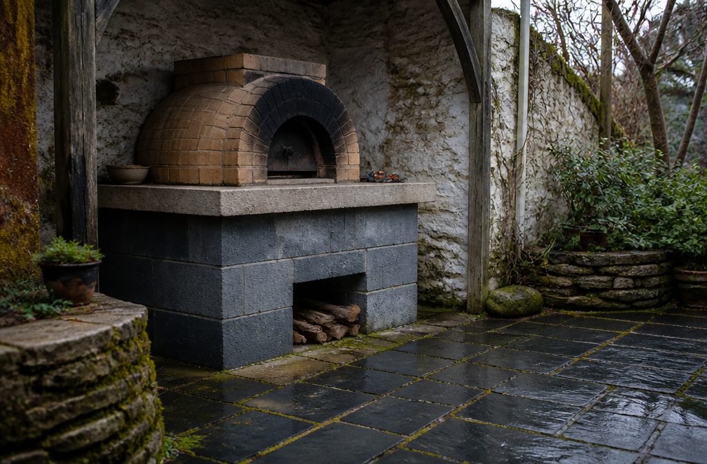 Brick pizza oven in an outdoor cooking area beside a work surface