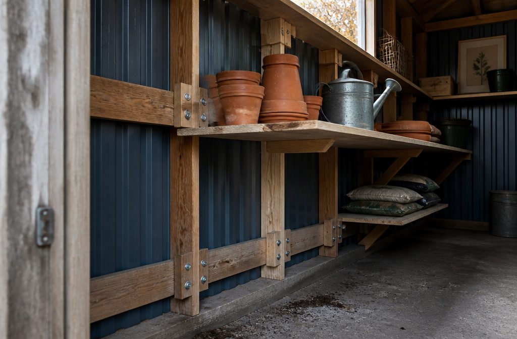 Shed shelving with storage bins, hand tools, and supplies arranged on several levels