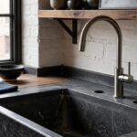 Kitchen faucet mounted above a sink in a residential kitchen