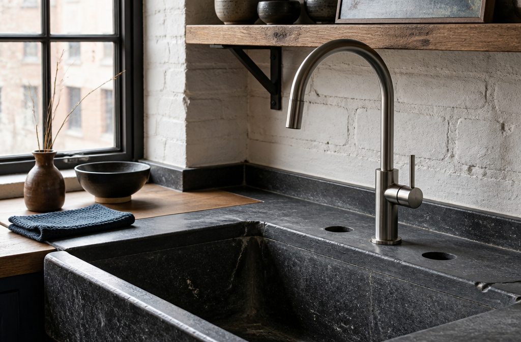Kitchen faucet mounted above a sink in a residential kitchen