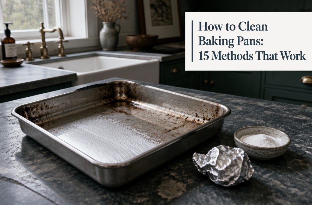 Baking pans with dark grease stains beside a clean pan and scrubber