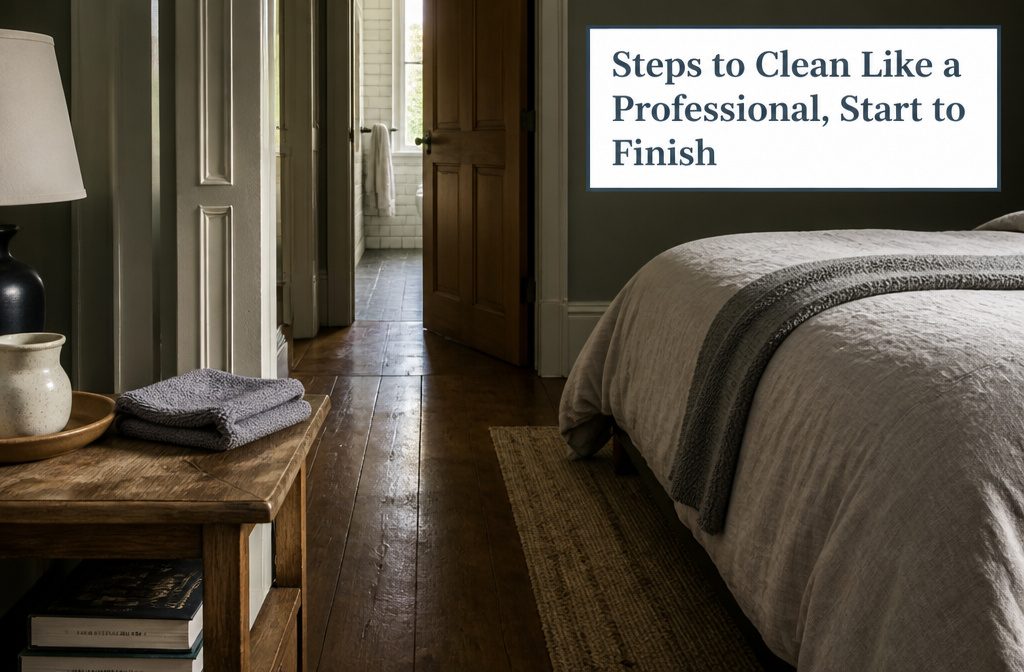 Cleaning caddy holding spray bottles and cloths beside household cleaning supplies