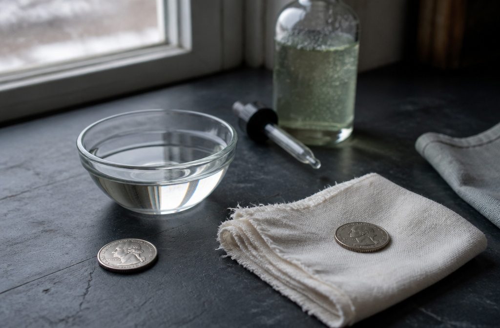 Silver-colored quarter beneath clear water in a shallow glass bowl beside a ceramic basin