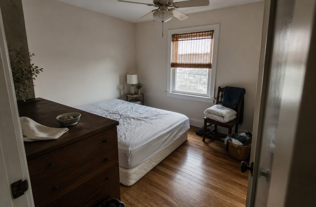 Bedroom with a made bed and clear dresser and nightstand