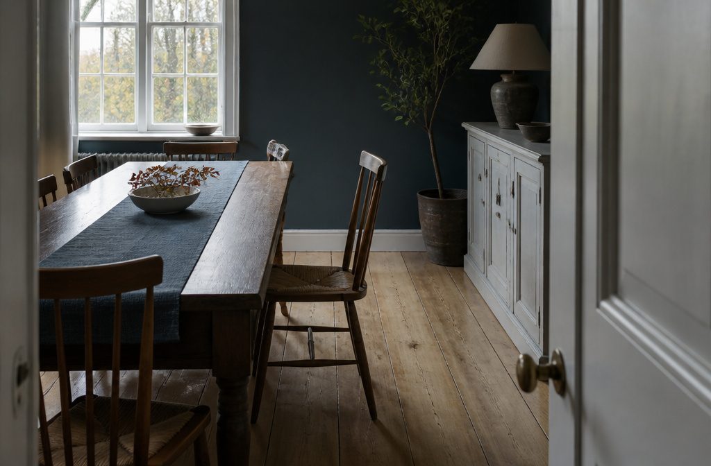 Dining table surrounded by chairs in a decorated dining room