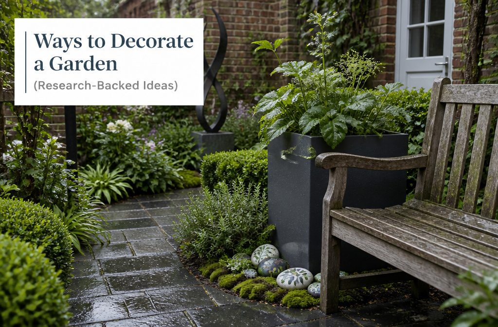 Garden path winding past flowers, outdoor seating, and ornaments beneath leafy trees