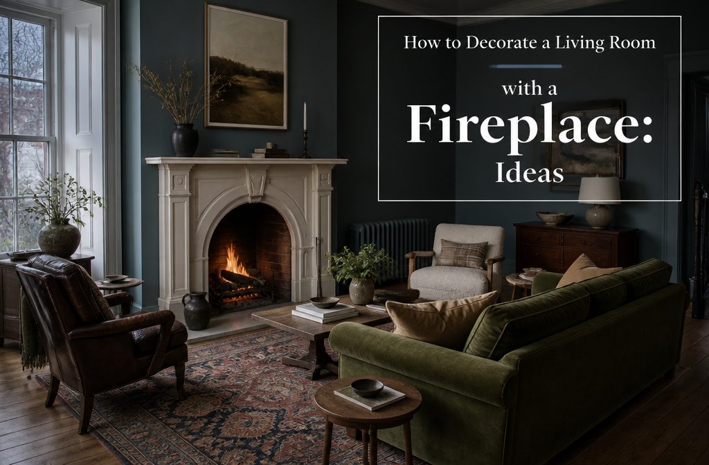 Living room fireplace with a sofa and chairs arranged around a rug