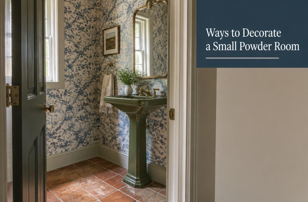 Small powder room with a patterned wall, vanity, mirror, and warm metal fixtures