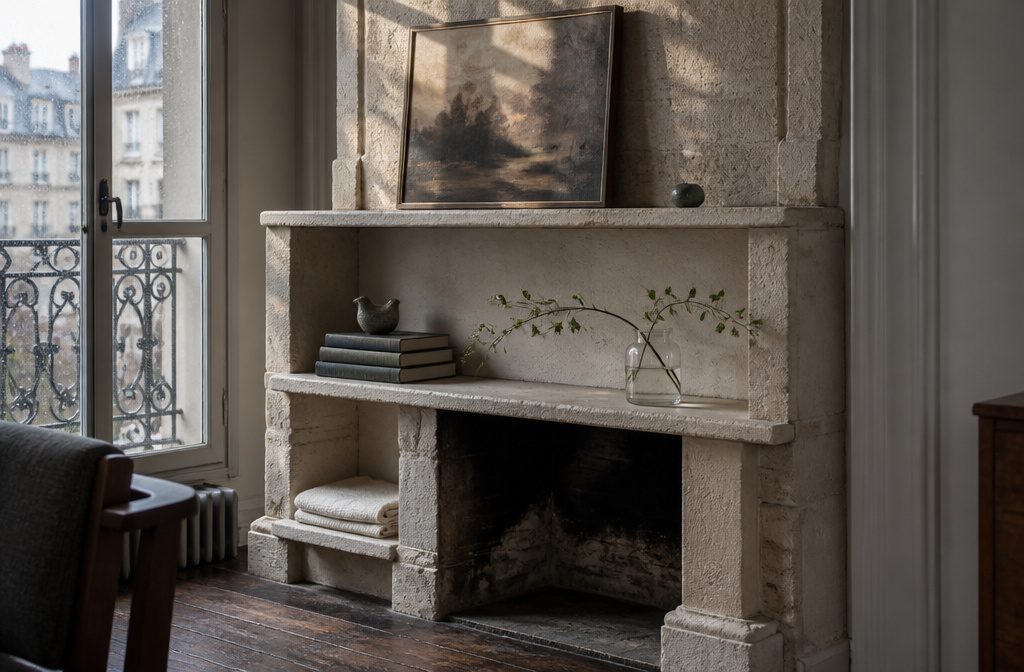 Fireplace with built-in shelves arranged with books and decorative objects