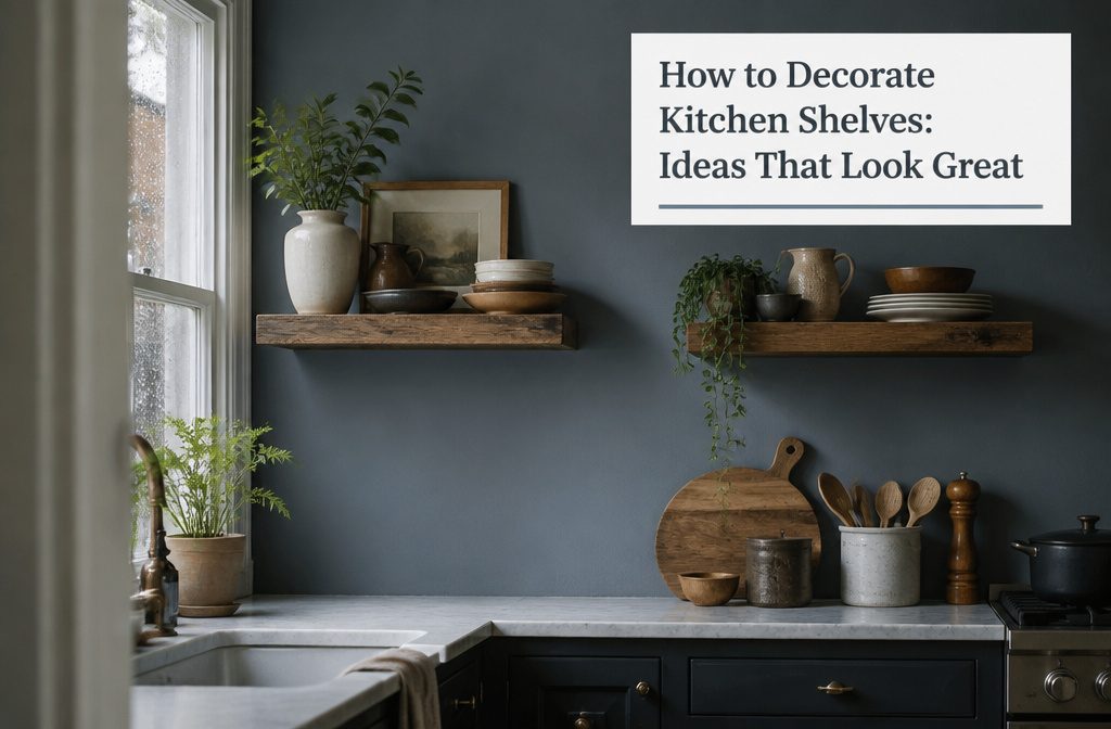 Kitchen shelves with white plates glassware mugs cutting boards and a leafy plant