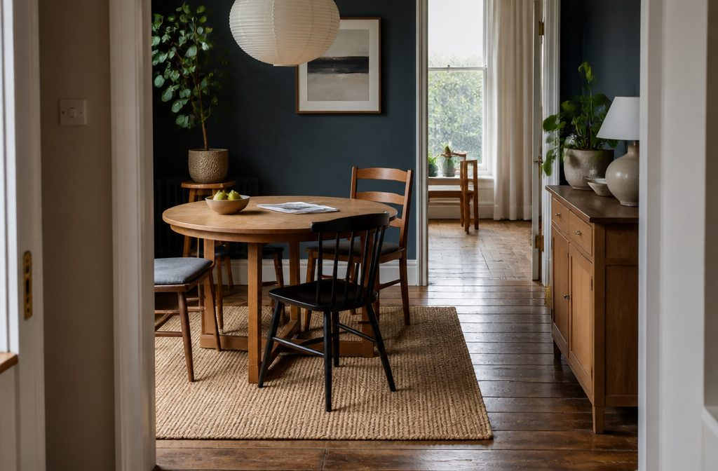 Living room with a sofa, inward-angled chairs, low coffee table, reading lamp and woven throw basket