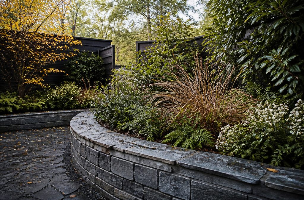 Small garden with a patio, planted borders, and a narrow path
