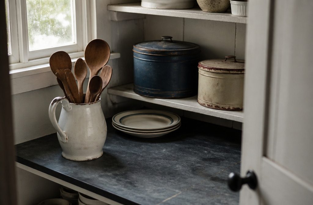 Vintage baking items arranged together in a home kitchen