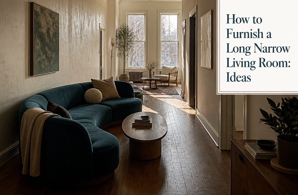 Long narrow living room with a sofa and open walkway