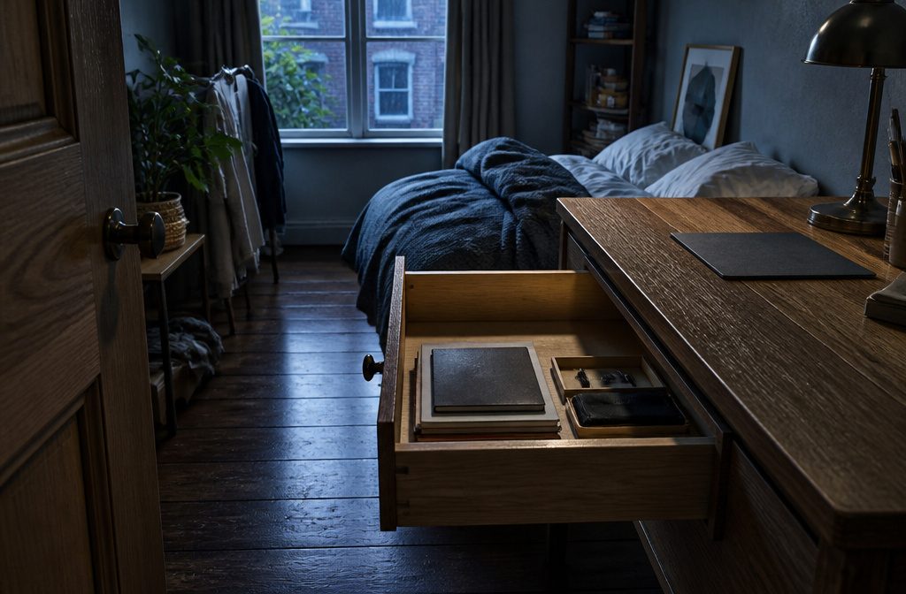 Bedroom with a made bed, clear walking path, tidy surfaces, laundry basket and used cleaning tools