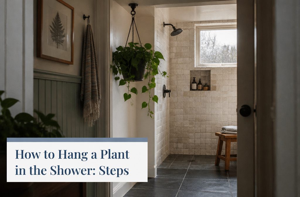 Trailing green plant hanging beside a tiled shower