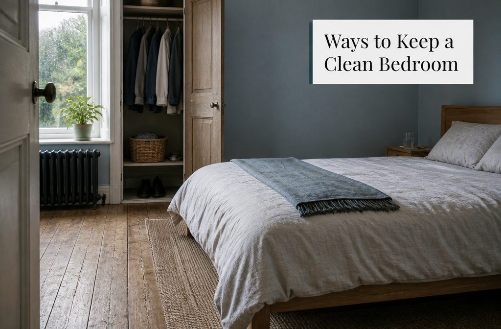Bedroom with a neatly made bed, wood furniture, and clear floor