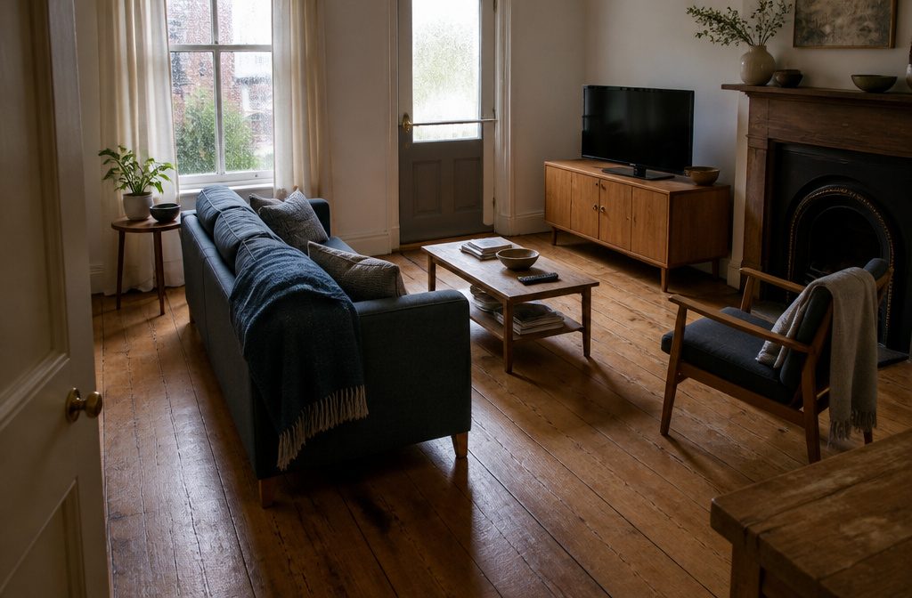Living room with a sofa, chairs, and tables arranged for everyday use