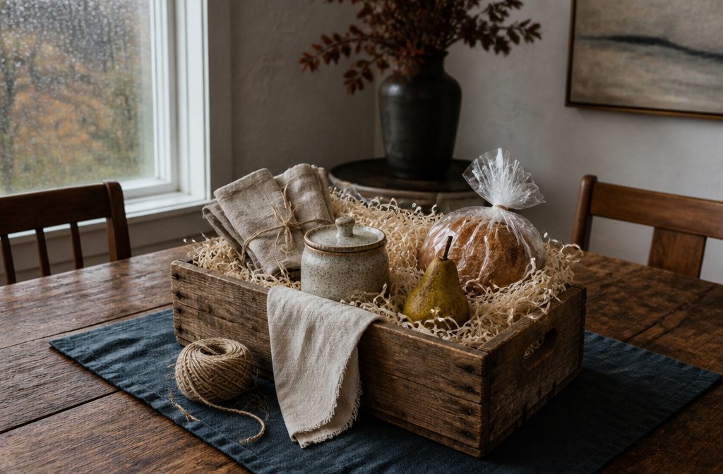 Woven gift basket filled with treats and gifts beneath a ribbon