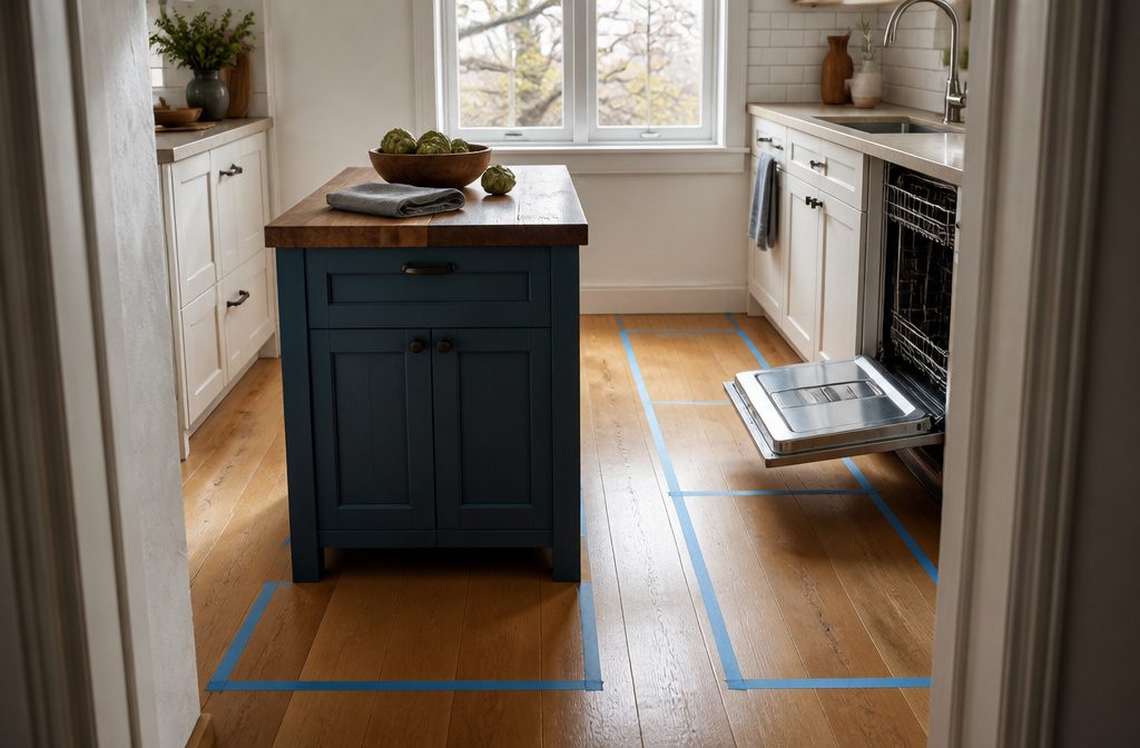 Small kitchen island with a countertop and storage cabinets in a home kitchen
