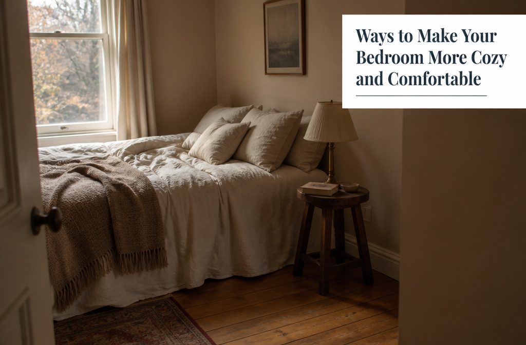 Bedroom with a layered bed and warm light from a bedside lamp