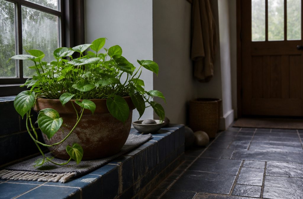 Pothos with layered green leaves and trailing vines in a room