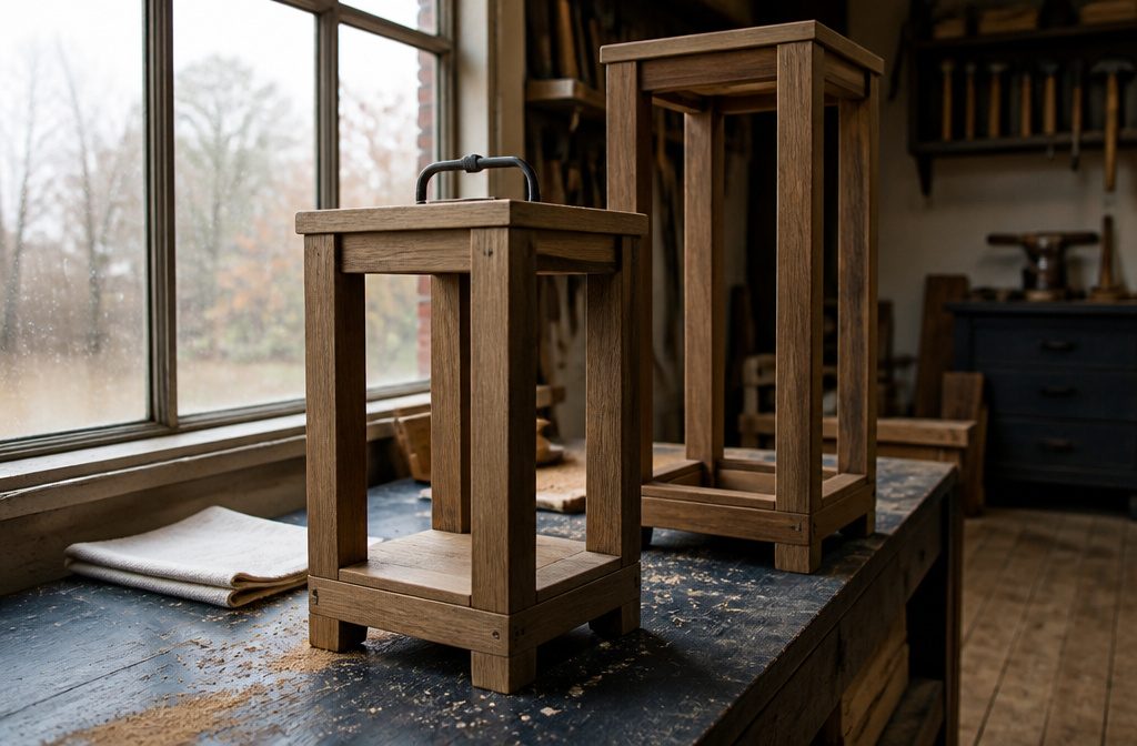 Wood lanterns with square frames and open sides arranged on a porch