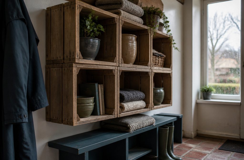 Wooden crate shelves arranged as open cubbies for books and household items