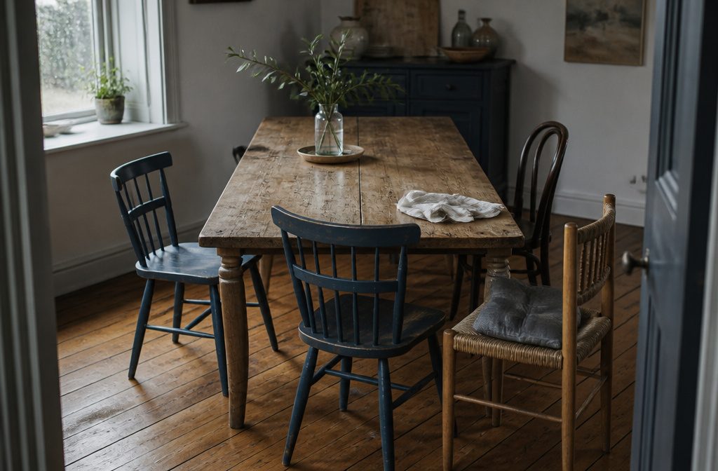 Dining table surrounded by chairs with different frames and finishes