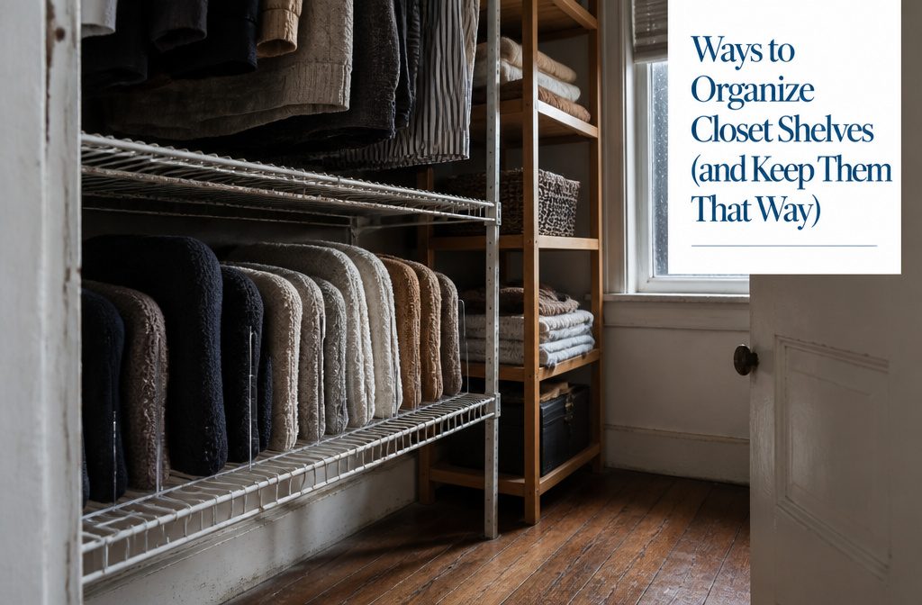 Closet shelves with folded clothes shoes and storage baskets