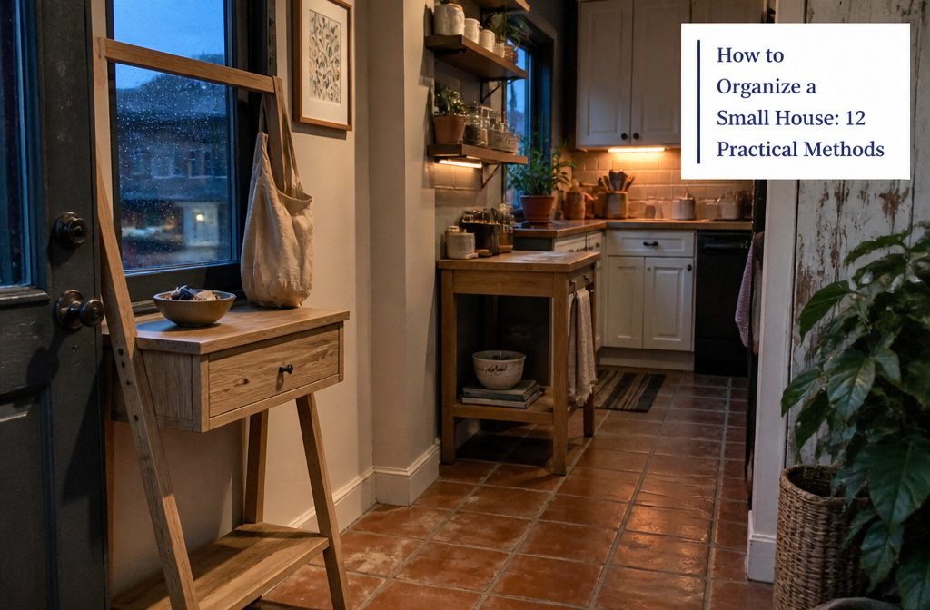 Compact home interior with a living area and practical storage