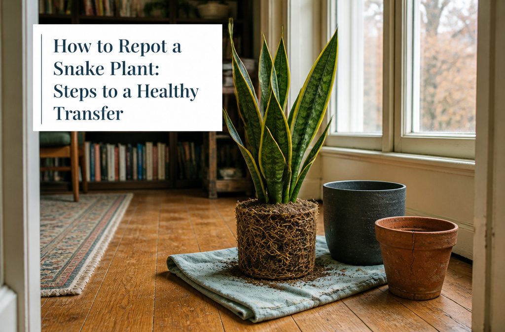Snake plant with crowded upright leaves and pale roots emerging from drainage holes