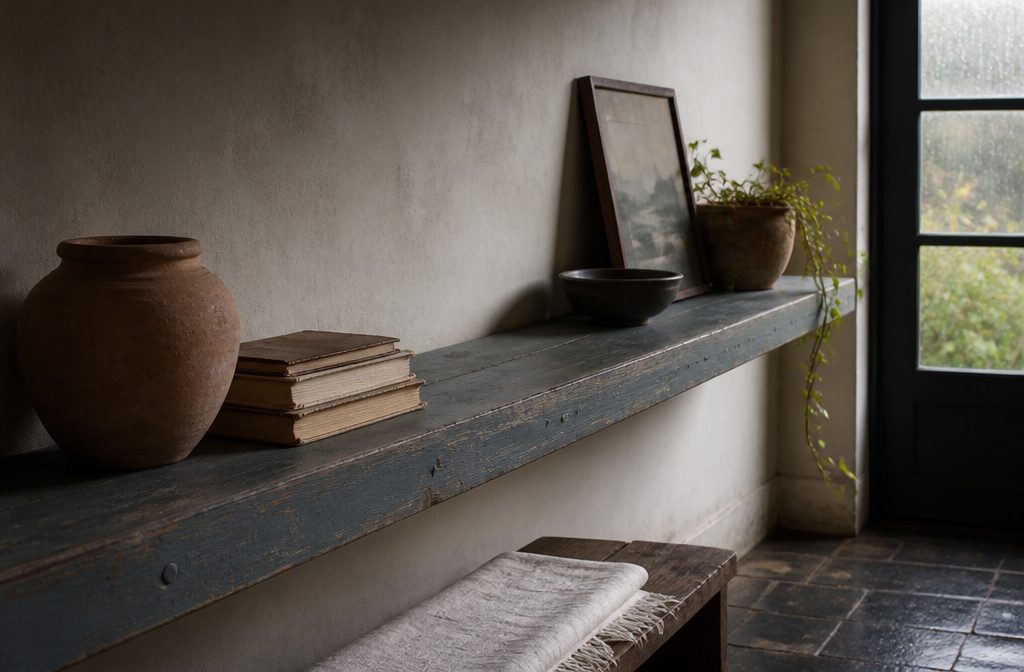 Living room shelf with stacked books a small plant and framed personal objects